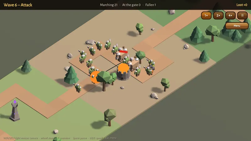 A cannon tower fires into grunts and ogres on the path