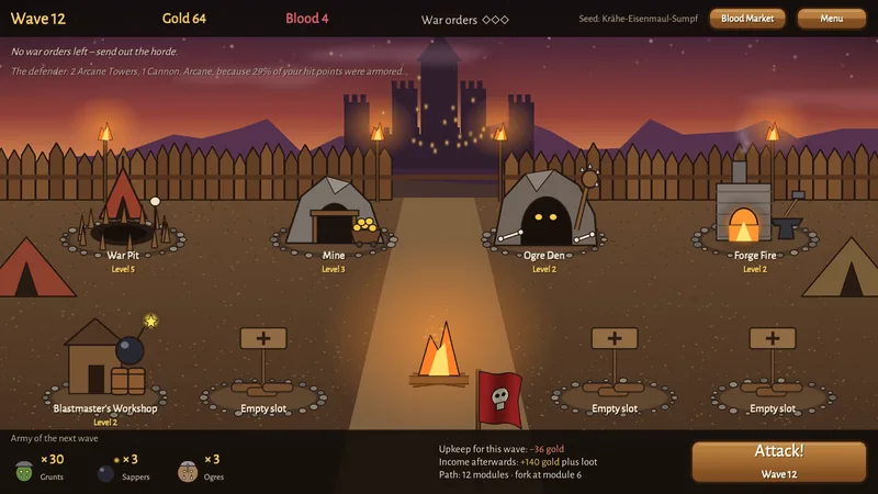 The war camp at wave 12: war pit, mine, ogre den, forge fire and blastmaster's workshop around the campfire
